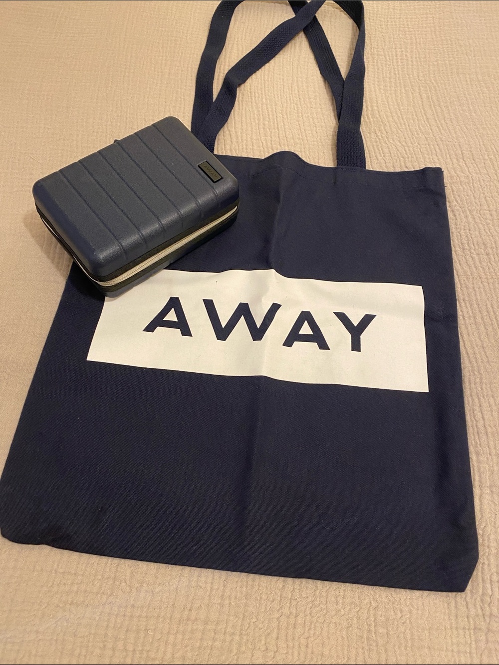 Away Navy Canvas Tote with White Logo& Travel Mini suitcase. Unisex model